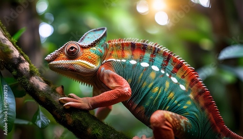 A beautiful, colorful chameleon sits on a branch
