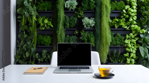 Wallpaper Mural Minimalist workspace with a laptop, notebook, and cup of tea, set against a lush vertical garden wall. Torontodigital.ca