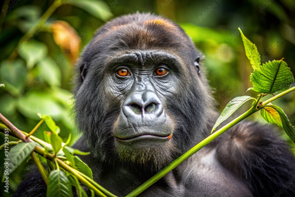Obraz premium A curious adult gorilla with thick fur and expressive eyes clutches a leafy branch, showcasing its natural habitat in a lush, vibrant jungle environment.