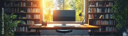 Wallpaper Mural  Home Office with Floating Bookshelves | Modern Workplace Inspiration Torontodigital.ca