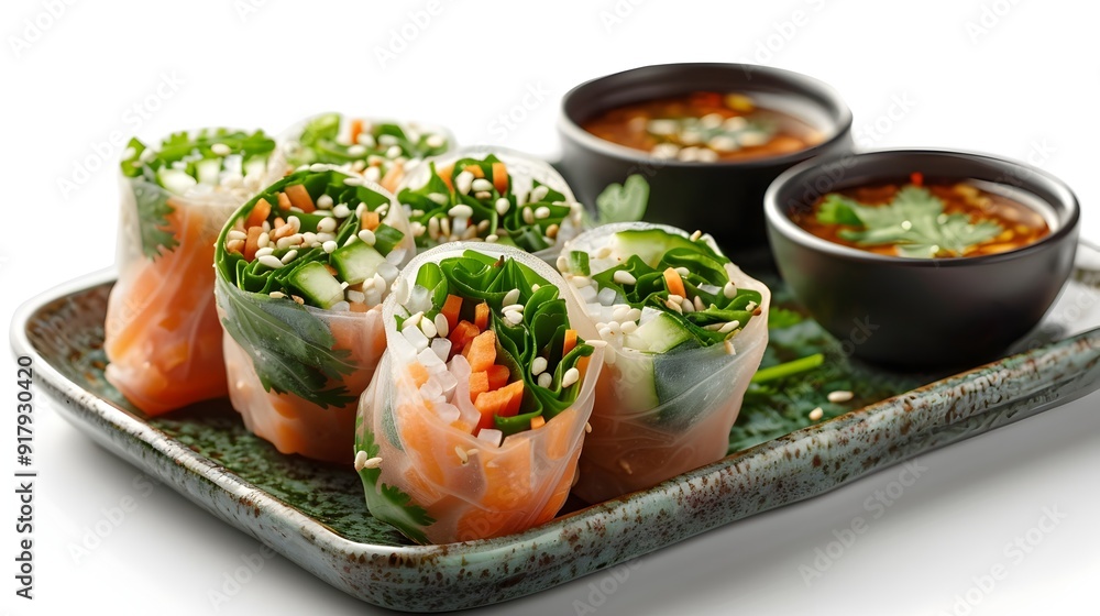 Delicious Fresh Spring Rolls with Flavorful Dipping Sauce on Minimalist White Background Delicious Fresh Spring Rolls with Flavorful Dipping Sauce on Minimalist White Background