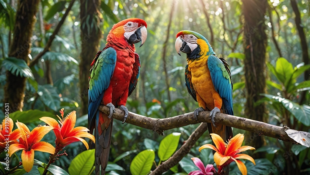 Obraz premium Tropical Rainforest Paradise Colorful Parrot Perched on Branch