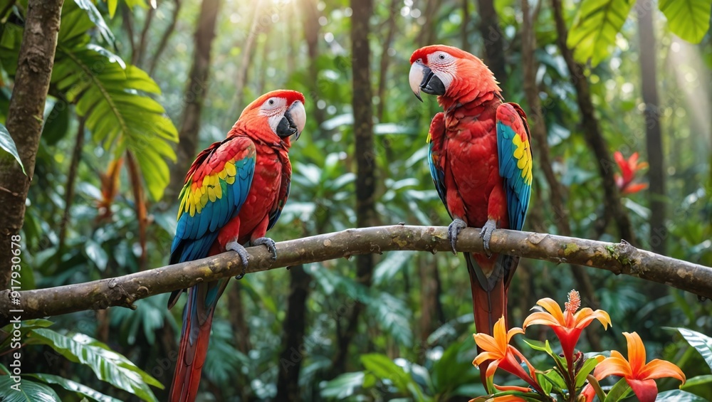Obraz premium Tropical Rainforest Paradise Colorful Parrot Perched on Branch