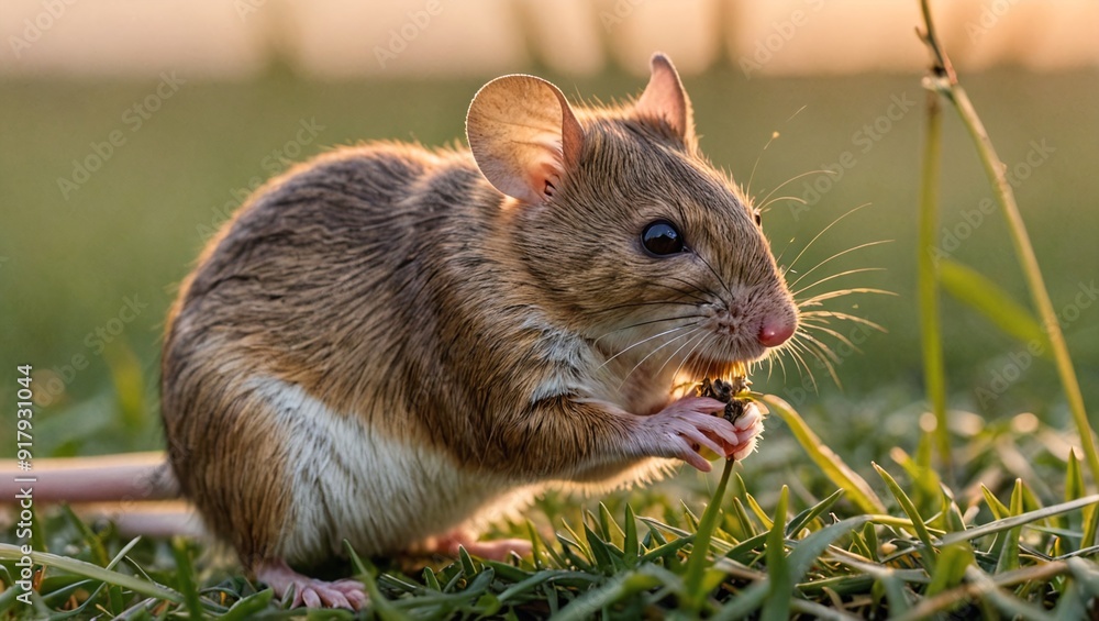 Dawn Encounter Tiny Mouse Feasting on Seed in Grassy Field Dawn Encounter Tiny Mouse Feasting on Seed in Grassy Field