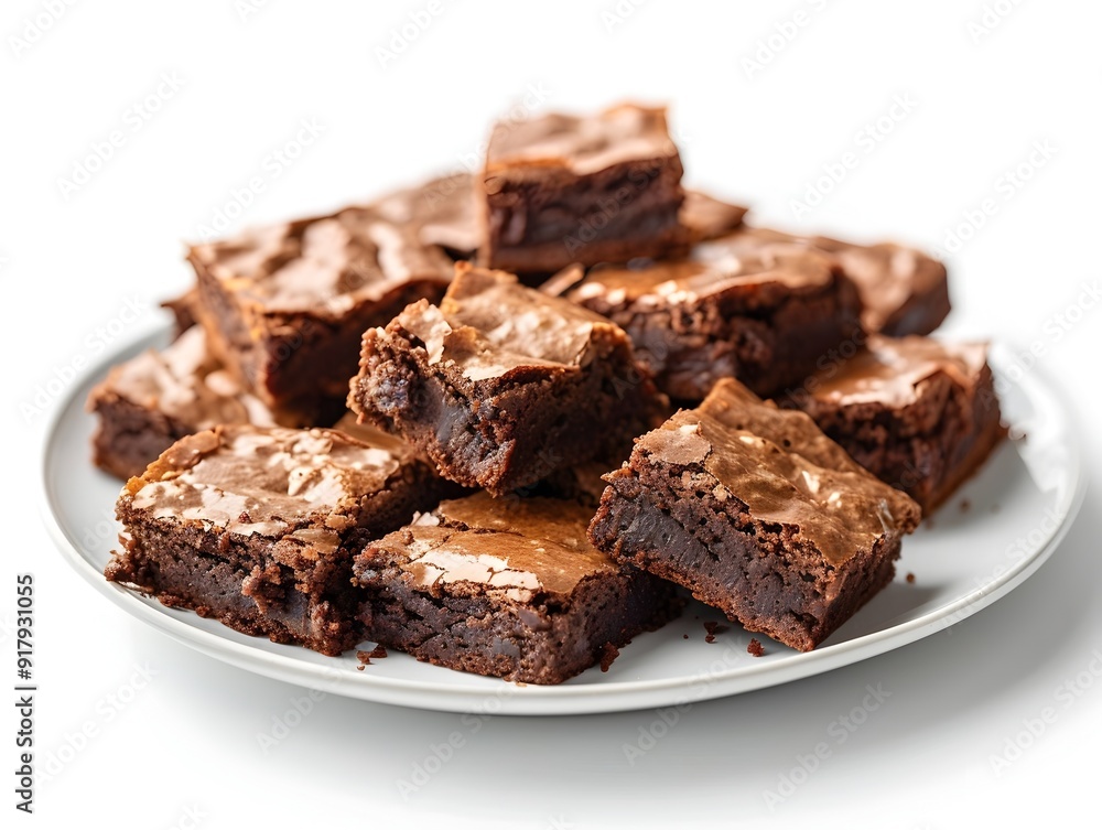 Decadent Fudgy Brownies on White Plate Freshly Baked Chocolatey Dessert Snack Decadent Fudgy Brownies on White Plate Freshly Baked Chocolatey Dessert Snack