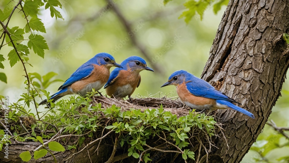 Obraz premium Bluebirds Nesting in Hollow Tree Surrounded by Green Foliage
