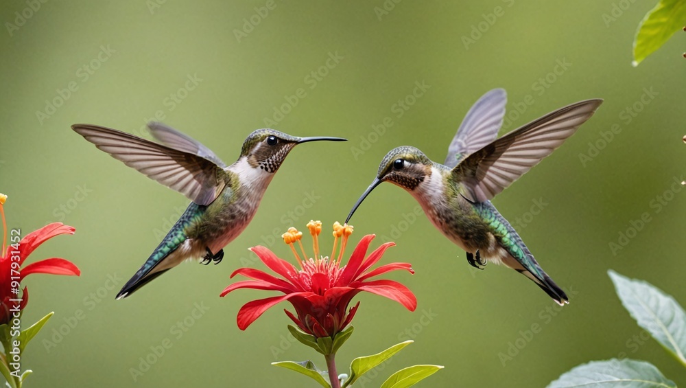 Fototapeta premium Vibrant Hummingbird Feeding on Red Flower in Lush Greenery