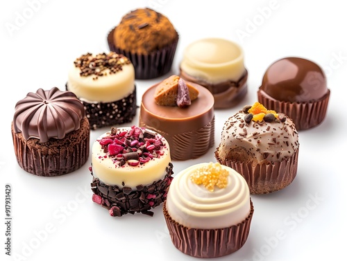 Assortment of Petit Fours with Various Flavors Attractively Presented on a White Background with Copy Space