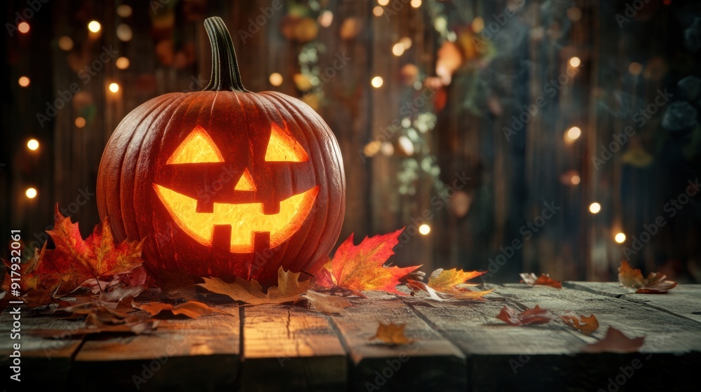Glowing pumpkin lantern in autumn setting with festive lights Glowing pumpkin lantern in autumn setting with festive lights