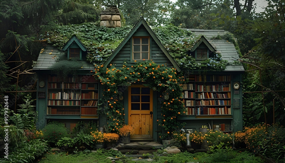 a house with books on the front. 
