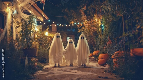 Three playful ghosts in whi...