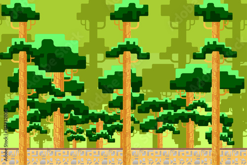 a new 2d platform game side scrolling view adventure style rounded block tile set road through the forest