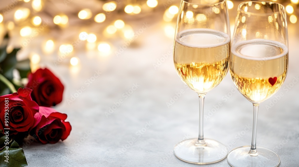 Valentine's Day Celebration with Champagne Glasses and Red Roses: Bokeh Effect on White Background Valentine's Day Celebration with Champagne Glasses and Red Roses: Bokeh Effect on White Background