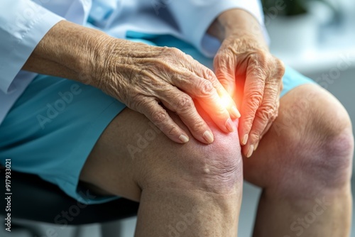 Senior person experiencing knee pain, highlighting arthritis or joint inflammation. Close-up view of patient holding knee with highlighted pain area. photo