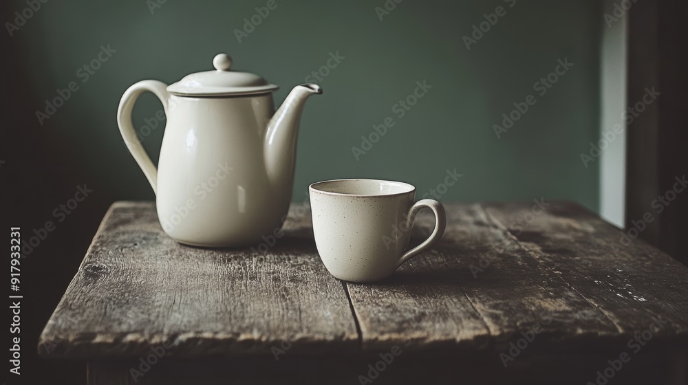 Classic white teapot cup on rustic wooden table Classic white teapot cup on rustic wooden table
