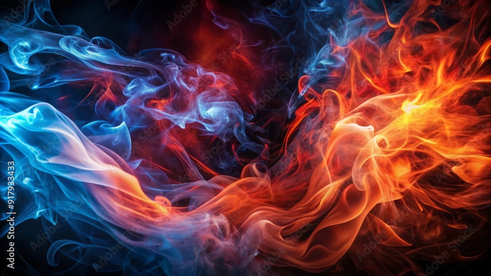 Vibrant red and blue flames engulf a dark background, surrounded by wispy tendrils of smoke that swirl and dance in the flickering light. Vibrant red and blue flames engulf a dark background, surrounded by wispy tendrils of smoke that swirl and dance in the flickering light.