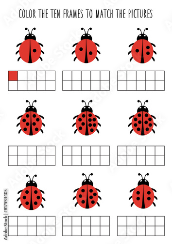 Color ten frames according to the dots on ladybugs. Math worksheet for kids.