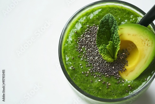 Top view of a healthy green smoothie with chia seeds, avocado, and mint leaves in a glass, perfect for a nutritious breakfast. photo