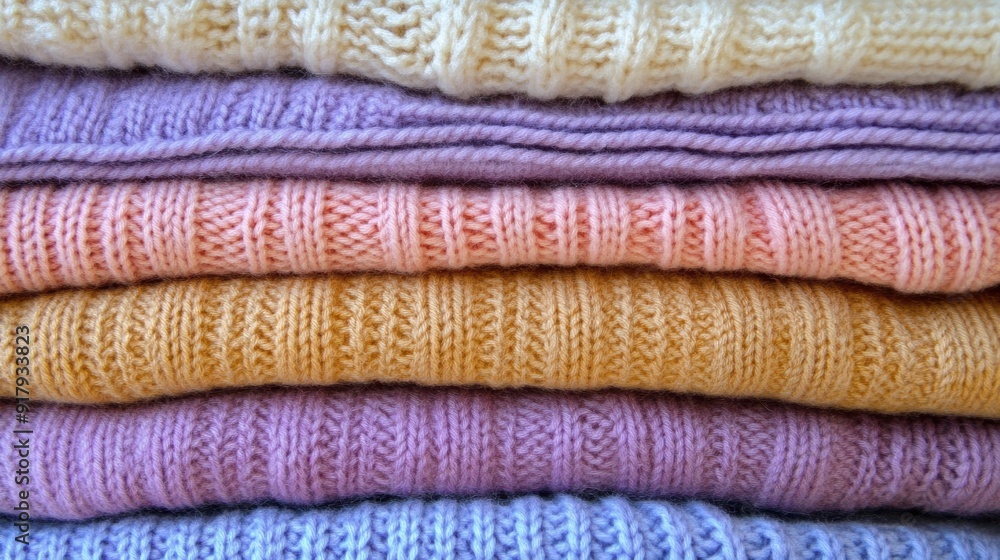Colorful stacked knitwear showcasing variety of patterns Colorful stacked knitwear showcasing variety of patterns