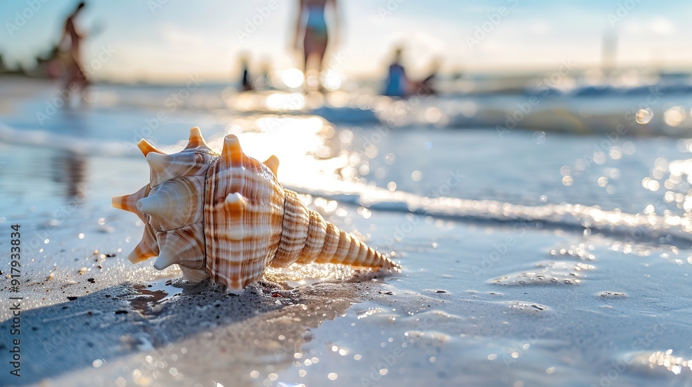 Serene Beach Scene with a Seasheller, Relaxing Vacationers Enjoying the Shoreline, Sunbathing and Swimming in the Clear Ocean Waves Serene Beach Scene with a Seasheller, Relaxing Vacationers Enjoying the Shoreline, Sunbathing and Swimming in the Clear Ocean Waves