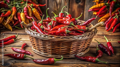 Vibrant red dried chile peppers in a woven basket, surrounded by rustic wooden accents and earthy tones, evoking a sense of rustic, spicy charm. photo