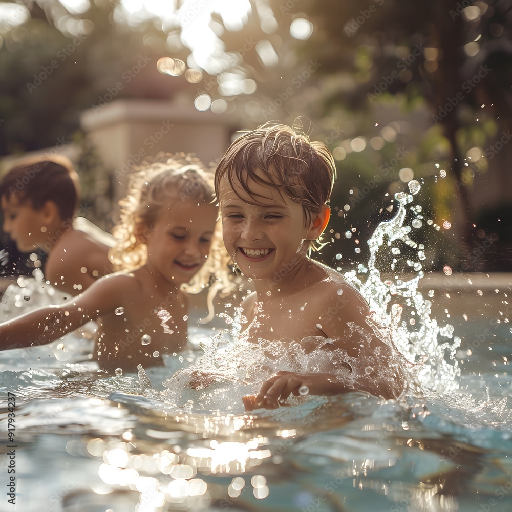 Obraz premium Family Fun in the Backyard Pool Kids Playfully Splashing and Enjoying the Summer