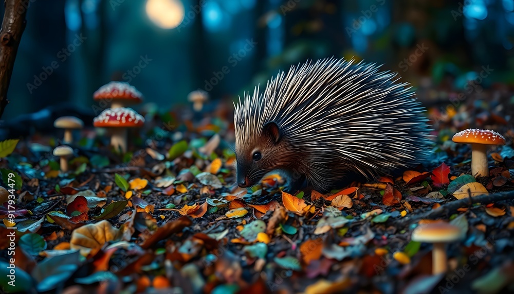 Obraz premium Porcupine in Moonlit Forest with Mushrooms