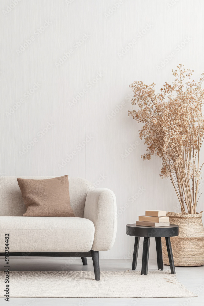 Scandinavian minimalist living room interiors in beige tones with minimal furniture and clear lighting. Residential Real Estate composition. Scandinavian minimalist living room interiors in beige tones with minimal furniture and clear lighting. Residential Real Estate composition.