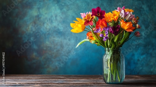 Vibrant bouquet of colorful flowers in a glass vase on a rustic wooden table with a textured teal background.