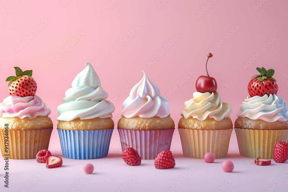 Cute cartoon style cupcakes, different designs, 3D render , created ai Cute cartoon style cupcakes, different designs, 3D render , created ai