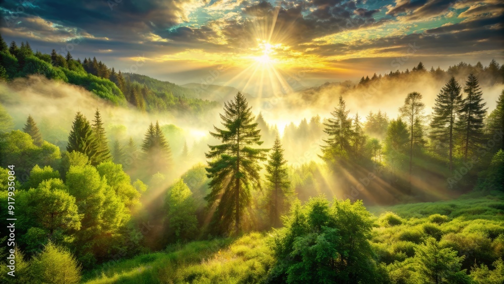 Vibrant sunlight breaks through misty forest, illuminating a serene landscape of lush greenery, symbolizing renewal, optimism, and promise, evoking feelings of peace and tranquility. Vibrant sunlight breaks through misty forest, illuminating a serene landscape of lush greenery, symbolizing renewal, optimism, and promise, evoking feelings of peace and tranquility.