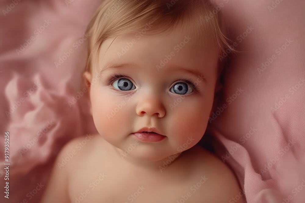 Adorable baby with big blue eyes on pink background Adorable baby with big blue eyes on pink background