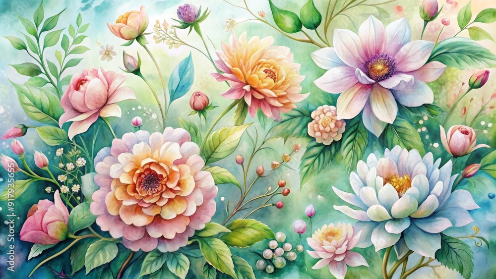 Vibrant watercolor illustration of blooming flowers in soft pastel hues, delicate petals unfolding from buds, surrounded by lush greenery and gentle, swirling patterns. Vibrant watercolor illustration of blooming flowers in soft pastel hues, delicate petals unfolding from buds, surrounded by lush greenery and gentle, swirling patterns.