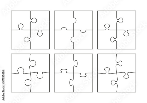 Jigsaw puzzle outline grid set. 6 puzzle square business presentation infographic. Square info graphic with 4 parts of process diagram. Business presentation for infographics. Vector illustration