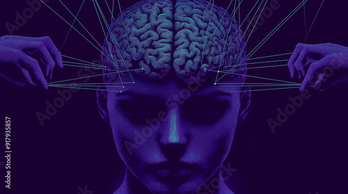 Illustration Surreal Brain Manipulation with Strings and Hands in Purple