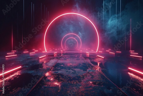 3d technology abstract neon light background, empty space scene, spotlight, dark night, virtual reality, cyber futuristic sci-fi background , created ai