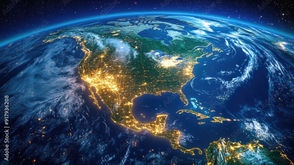 A breathtaking view of North America from space, showing the continent illuminated by city lights at night with the curvature of the Earth. A breathtaking view of North America from space, showing the continent illuminated by city lights at night with the curvature of the Earth.