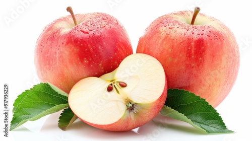 Apple half with red apple isolated. Apples with green leaves on white background. Red appl with clipping path. Full depth of field. photo