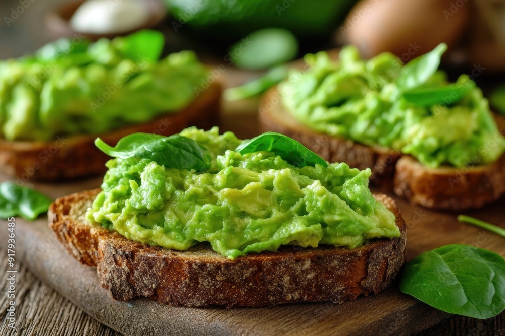 Fresh avocado toast with spinach leaves on rustic wood Fresh avocado toast with spinach leaves on rustic wood