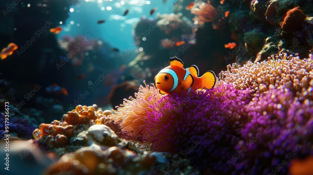 A close-up of a clownfish on a reef, with the vibrant coral and anemones creating a picturesque underwater scene. A close-up of a clownfish on a reef, with the vibrant coral and anemones creating a picturesque underwater scene.