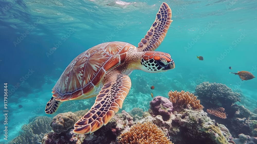 A close-up of a sea turtle swimming gracefully over a vibrant coral reef in the clear waters of the Maldives. A close-up of a sea turtle swimming gracefully over a vibrant coral reef in the clear waters of the Maldives.