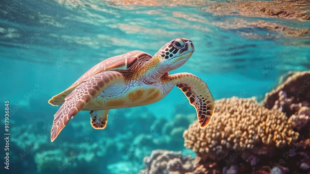 Obraz premium A close-up of a sea turtle swimming gracefully over a vibrant coral reef in the clear waters of the Maldives.