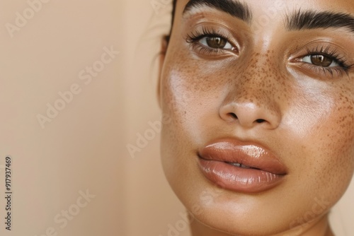 Radiant Natural Beauty with Freckles: Close-up Portrait of Young Woman