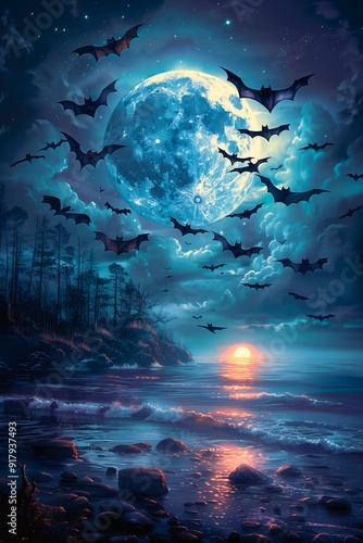 Bats flying across a full moon over a tranquil ocean at dusk, party card, card invitation, banner poster, halloween illustration