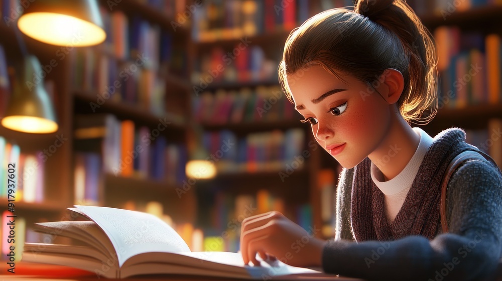 A young woman reading a book in a library A young woman reading a book in a library