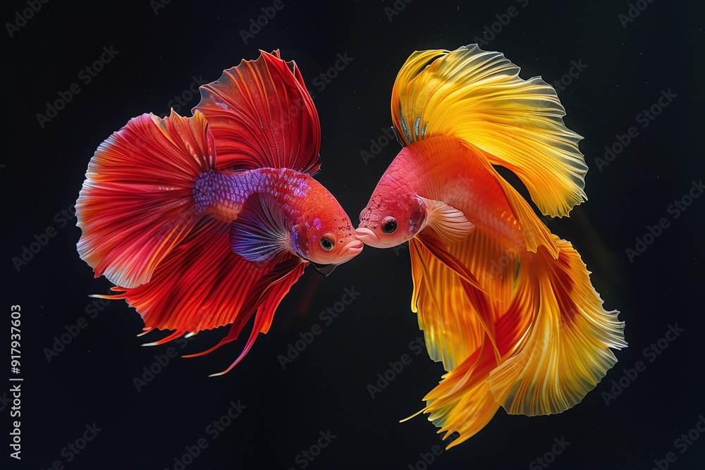 Two Siamese Fighting Fish with Vibrant Fins Almost Touching Two Siamese Fighting Fish with Vibrant Fins Almost Touching