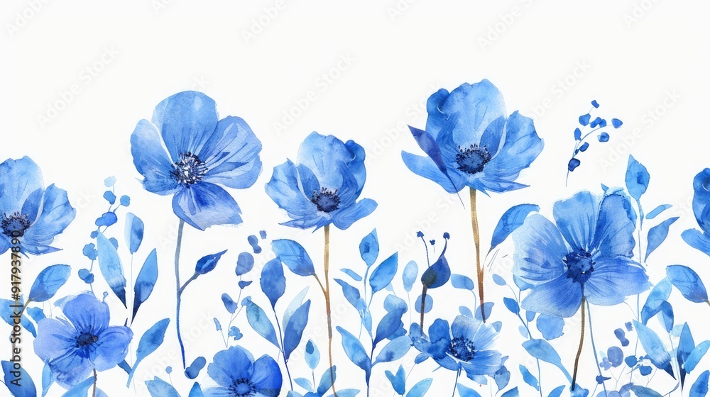 Fototapeta premium Watercolor blue flowers border banner for stationary, greetings, etc. floral decoration. Hand drawing
