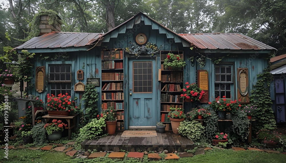 Fototapeta premium a blue house with bookshelves and flowers.
