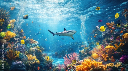 A dynamic underwater scene with a coral reef, tropical fish, and a shark creating a dramatic and natural setting.