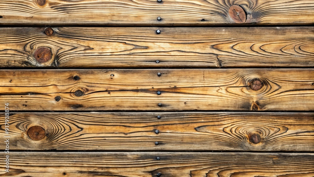 Fototapeta premium Weathered wooden deck boards with cracks and grooves provide a natural, rustic textured background for outdoor or interior design projects and lifestyle photography.
